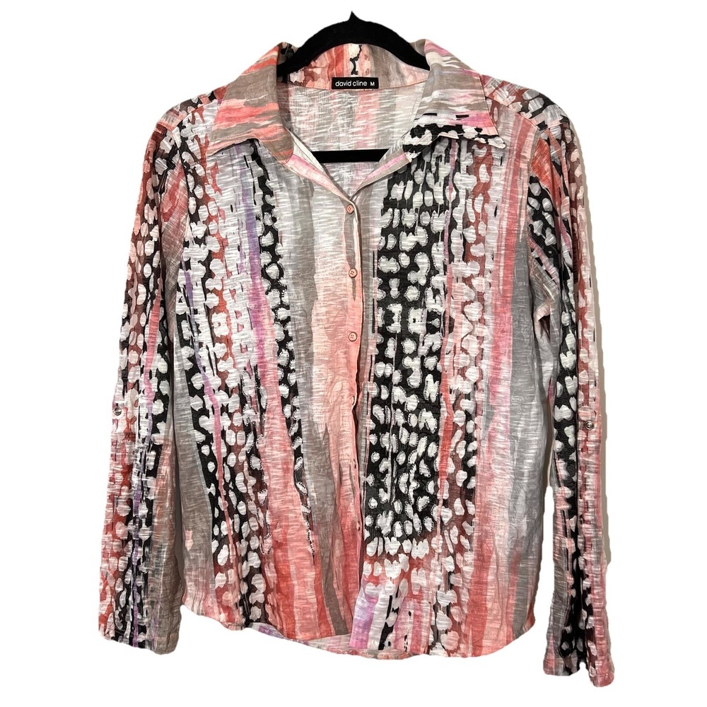 David Cline Burnout Top Womens M Abstract Animal Print Rhinestone Button Down